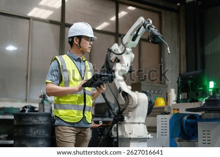 An Asian male engineer is debugging a robotic arm in the workshop.