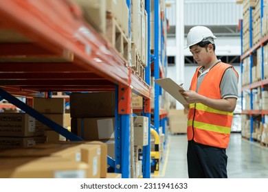 Asian male factory inspect and check inventory on warehouse, count stock product. Transport logistic business shipping, delivery to customers. inspection, storehouse, storage, factory, manage. - Powered by Shutterstock