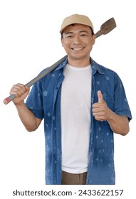 Asian male farmer holding a pickaxe Isolated from the white background.