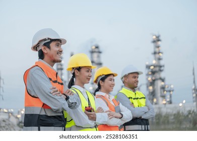 Asian male and female engineers pose with arms crossed. Wearing safety gear, standing in front of an oil refinery with a radio tablet device. To check the operation of the refinery - Powered by Shutterstock