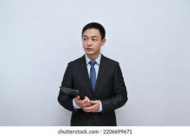 Asian Male Office Worker, Holding Tablet, White Background