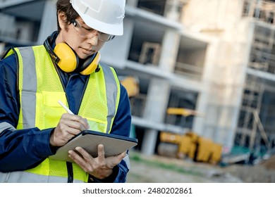 Asian male site engineer or building worker man with green reflective vest, safety helmet, goggles and earmuffs using digital tablet inspecting working process at construction site. - Powered by Shutterstock