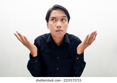 Asian Male Student Or Millenial Worker Questioning Why With Upset, Shock And Confuse Expression Isolated Over White Background. 