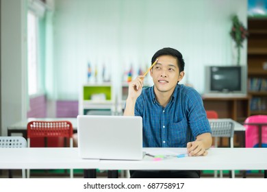 Asian Male University College Student Thinking Looking Up To The Empty Blank Copy Space