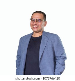 Asian Man 40-50 Years Old Wearing Glasses In White Background Show A Variety Of Emotions.