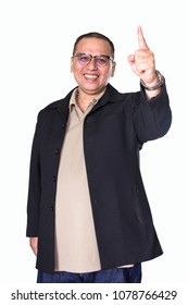 Asian Man 40-50 Years Old Wearing Glasses In White Background Show A Variety Of Emotions.