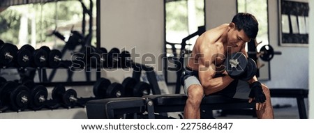 Asian man athletic workout weight training biceps muscles with dumbbell in fitness gym. Weight training exercise in concept of health and wellness. Bodybuilder shirtless workout at gym.