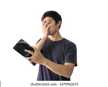 Asian man black shirt close eye and close his face by hand feel sad with wallet in hand on white isolated background,Poor young man sad concept