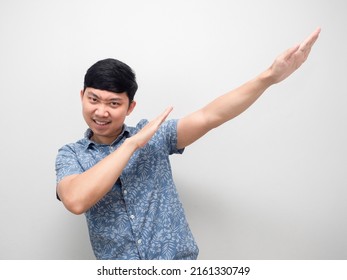 Asian Man Blue Shirt Gesture Dabbing Dance White Isolated