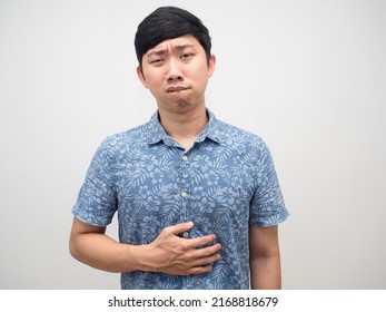 Asian Man Blue Shirt Hungry Food Gesture Gritted Teeth To Eat