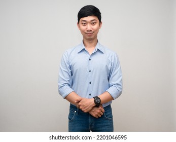 Asian Man Blue Shirt Standing Polite Looking Handsome