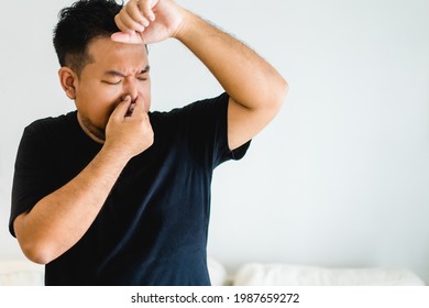 Asian Man Body With Sweat On Black T Shirt Workout Fit From Home.bad Smell Breathing On Armpit With Black Shirt.indian Man Smelly.hyperhidrosis, Deodorant, Medical Health.Men Skin Body Care.