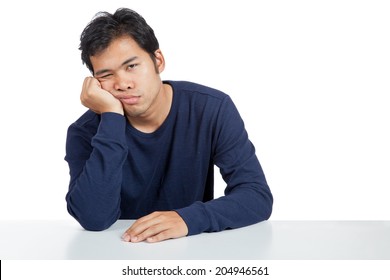 Asian Man Bored  Isolated On White Background