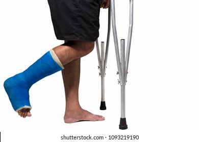 Asian Man Broken Leg Hold And  Walk With Aluminum Crutch Isolated On White Background