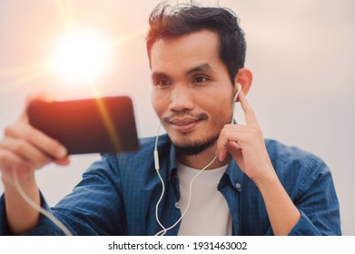 Asian Man Call Phone Happy Online Communication 