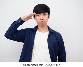 Asian Man Confident Face Gesture Respect Hand Like Soldier Portrait White Background