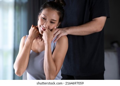 Asian man consoling the depressed woman. Husband trying to comfort his wife at home. husband supporting comforting upset wife getting depressed.