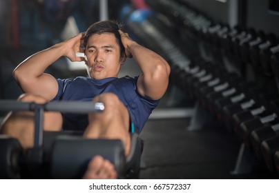 Asian Man Doing Sit-ups At Gym.