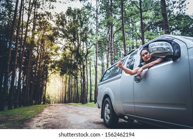 Asian Man Driving A Pickup Truck Through Rough Paths Which Is A Way In The Middle Of A Pine Forest, Concept To People And Traveling On Vacation, With Nature Background