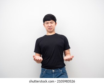 Asian man empty hand up gesture carry something copy space