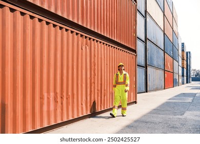 Asian man engineer walking and checking containers at a container yard. Shipping business management and international goods import-export. Concept of logistic operation. Photo with copy space.