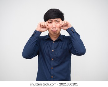 Asian Man Feeling Bad Crying Hand Up At Face White Background