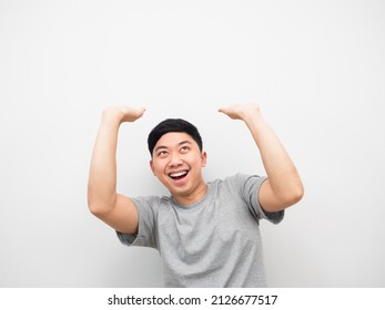 Asian Man Gesture Carry Something On His Head Copy Space