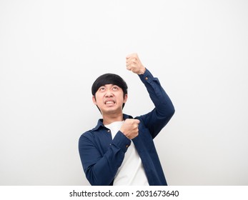 Asian Man Gesture Pull Rope Down Feeling Heavy And Serious Face White Background