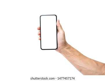 Asian man hand holding blank white screen smartphone isolated on white background. clipping path - Shutterstock ID 1477457174