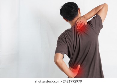 Asian man has problem with structural posture He had neck and back pain. He massaged him neck and shoulders for relief. reduce muscle tension