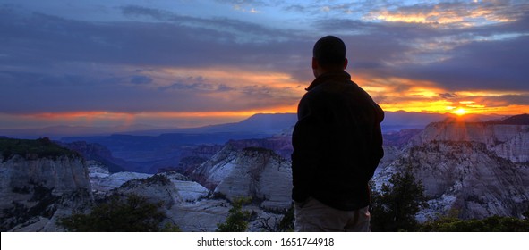 Asian Man Hiking On The West Rim Trail, Zion National Park, Utah