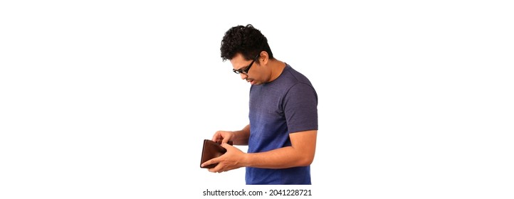 Asian man holding an empty wallet on white background With copy space.