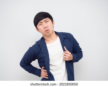 Asian Man Hurt His Waist Pain Face Portrait White Background