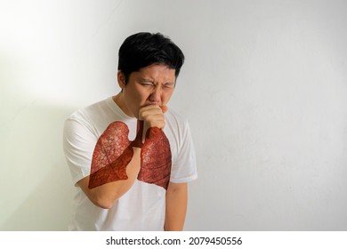 Asian Man Is Ill Sick Cough Due To The Common Cold, Allergies, Allergies, Bad Air, Dust, Tuberculosis Air Pollution, Lung Cancer, Emphysema Concepts. Double Exposure With Lungs, Virus Infection