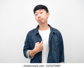 Asian Man Jean Shirt Point Finger At Himself Arrogant Face Isolated