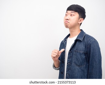 Asian Man Jean Shirt Point Finger At Himself Arrogant Face Looking At Copy Space