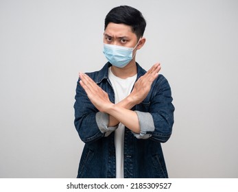 Asian Man Jeans Shirt Wear Medical Mask Show Cross Arm Deny Sign,Man Hand Refused