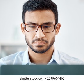 Asian Man, Laptop Or Thinking Web Developer With Glasses Planning Cyber Security Software, Website Seo Or Database Code. Zoom On Face, Office Programmer Or Ux Designer With Innovation Iot Coding Idea