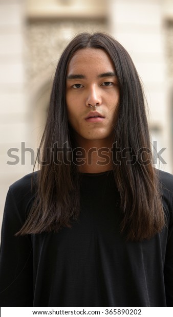 Asian Man Long Hairstyle Outdoors People Parks Outdoor Stock Image