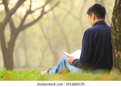 Asian Man Peacefully Reading A Book Under The Tree In The Woodland With A Ray Of Morning Light For Freedom And Relaxation Pursuit Concept