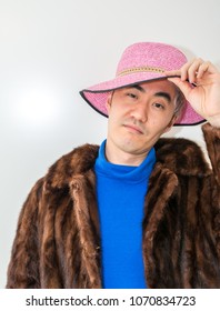 Asian Man Pimp Concept Fur Jacket Pink Hat