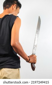 Asian Man Raising The Machete Isolated.