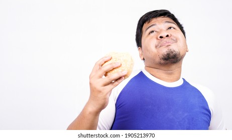 Asian Man Ready To Eat Burger Isolated White Background