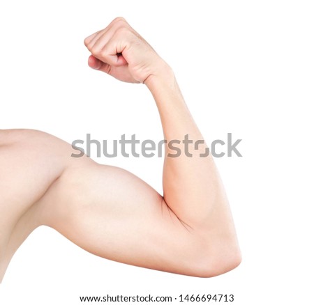 Asian man show arm with bicep isolated on white background, health care and medical concept