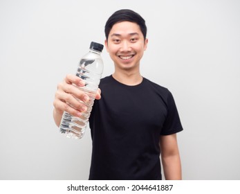 Asian Man Show Water Bottle Happy Smile White Background