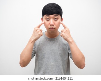 Asian Man Sleepless Point Finger At Dark Circle Under His Eyes