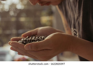 Asian Man Smelling Roasted Coffee Beans.