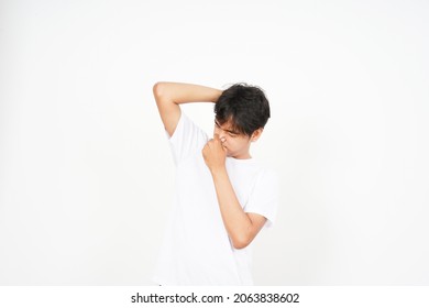 Asian Man With Smelly Armpit Pose Isolated White Background