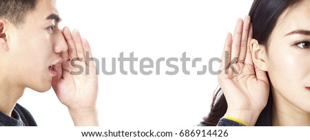 asian man speaking woman listening, isolated on white background.