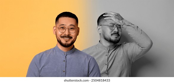 Asian man stands in front of a dual-toned backdrop, showcasing two contrasting expressions. One side reveals a bright smile, while the other depicts a hand on his forehead, reflecting stress - Powered by Shutterstock